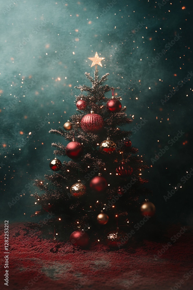 Poster decorated christmas tree standing in falling snow with dark background