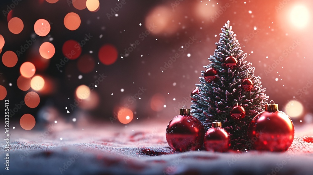 Aufkleber small christmas tree decorated with red baubles standing on snow with falling snow and bokeh lights 