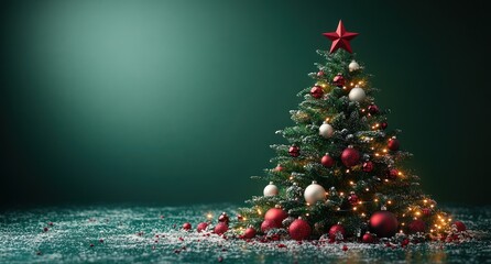 Modern Christmas Tree Cutout with Red and White Ornaments on Green Background and Wrapped Gift