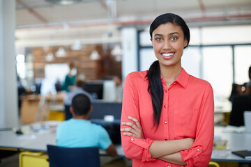 Portrait, arms crossed and business woman in startup, copywriter or creative content writer. Pride,...