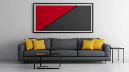Stylish Gray Sofa Yellow Accents Modern Living Room with Wall Art