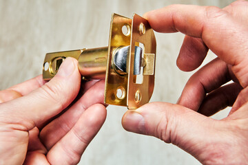 Hand holds new tubular door latch, showcasing its brass faceplate, latch bolt, and visible components prior to installation.