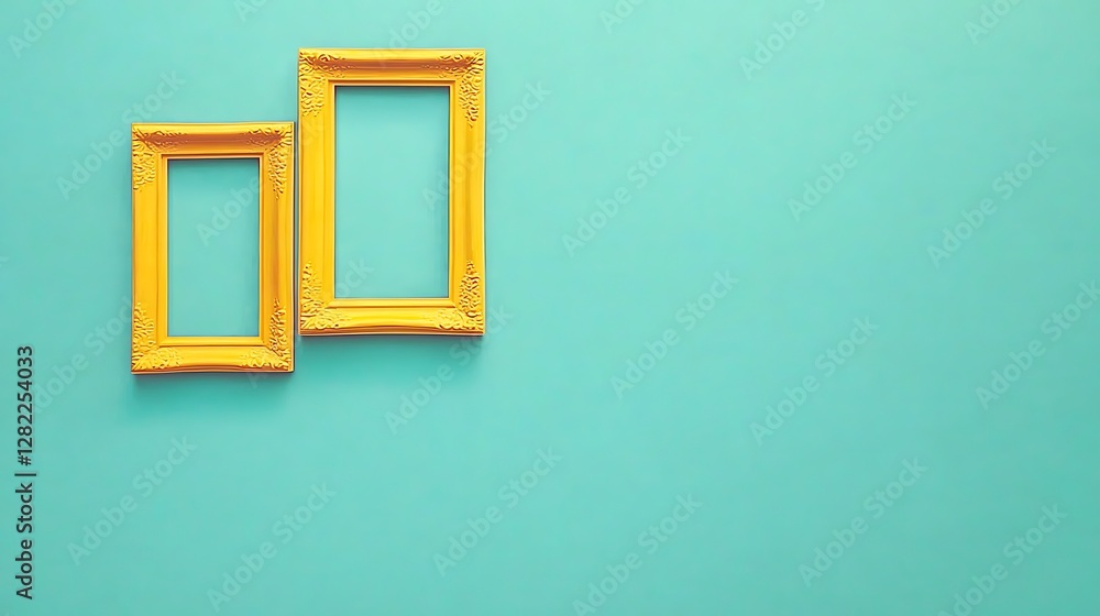 Poster two decorative golden picture frames on a light teal background adding visual depth and minimalistic