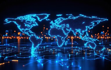 Obraz premium A stunning digital world map hologram displayed against a blue background.