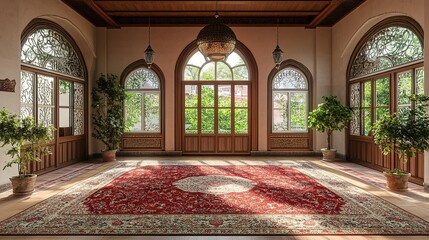 Obraz premium Sunlit mansion hall with ornate rug, arched windows, garden view