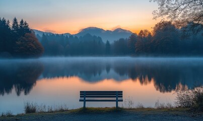 Tranquil Lakeside Retreat at Dawn with Solitary Bench and Misty Reflections