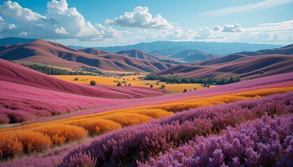Rolling Hills and Lavender Fields in Summer Landscape Under Cloudy Sky
