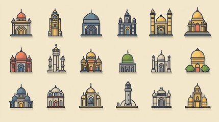 Colorful mosque icons set on light background, diverse architectural styles