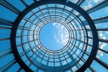 Modern Glass Dome Structure with Radial Lines and Blue Sky