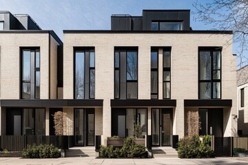 Modern residential architecture showcases sleek design and minimalist aesthetics in a suburban neighborhood during daylight