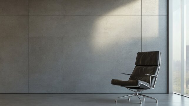Modern Black Leather Chair in Minimalist Concrete Room with Sunlight