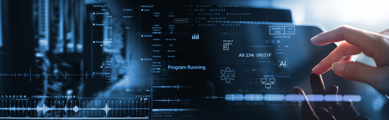 Computer engineer working on computer with server room, data center, big data storage as backgrounds, digital technology, database, IT support, AI and internet network, software technology