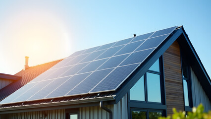 Fototapeta premium A ground-level view of a modern house with large solar panels covering the roof. The angular design and mix of materials emphasize the prominence of solar energy.