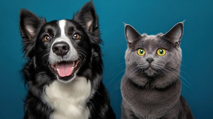 Cute Cat and Dog Posing Together on Blue Background