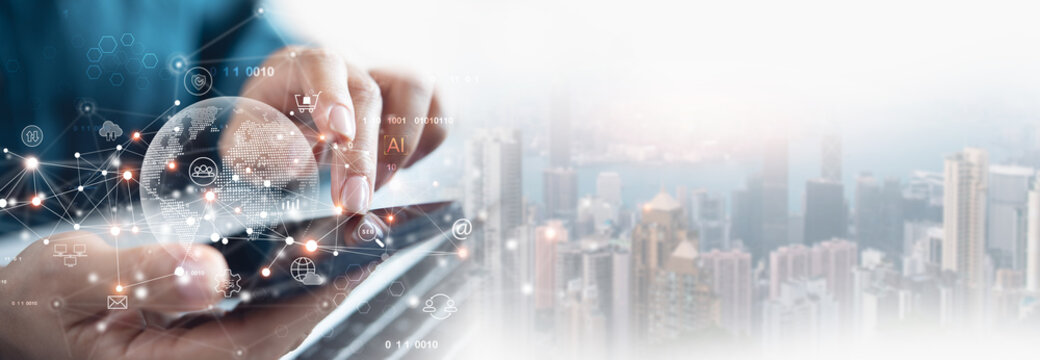 Digital marketing, internet network connection, global business. Businessman using digital tablet computer connecting the internet with online marketing, internet network technology, e-commerce