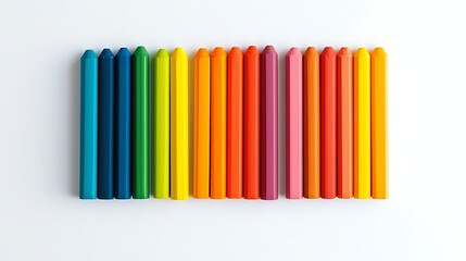 Obraz premium Vibrant Spectrum of Wax Sticks Arranged Neatly on a Clean White Surface Depicting Creativity and Joy