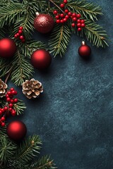 Christmas border composition on dark blue background with copy space