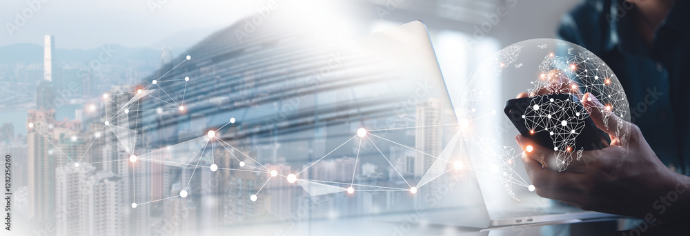Aufkleber internet network connection, digital technology, global business background, digital marketing and s