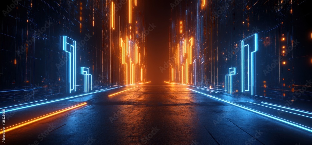 Aufkleber cyberpunk futuristic room with glowing blue and orange lines illuminated geometric shapes in dark en