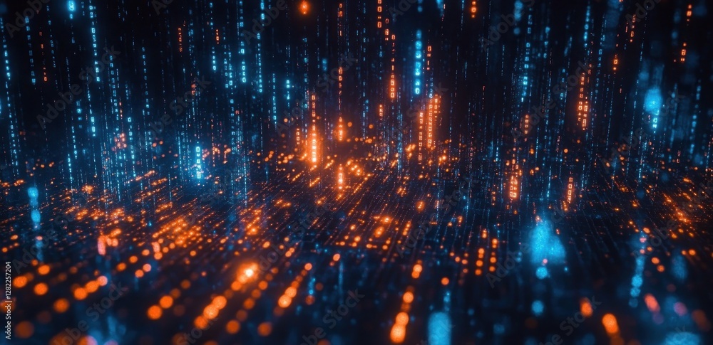 Poster Futuristic Cyberpunk City with Neon Binary Code and Depth of Field Effect for AI and Big Data Concept