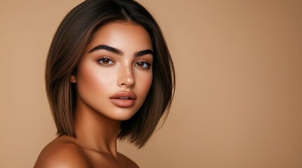 Naklejka premium Portrait of Young Woman with Sleek Bob and Radiant, Glowing Skin