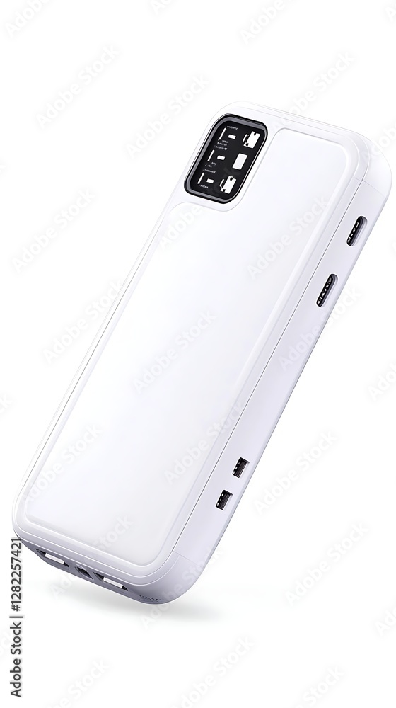 Aufkleber white rectangular protective phone accessory case with camera cutout angled studio shot for tech dev