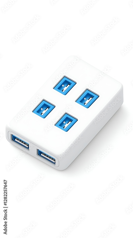Poster white usb hub with four ports on top and two on side for data transfer and device connection