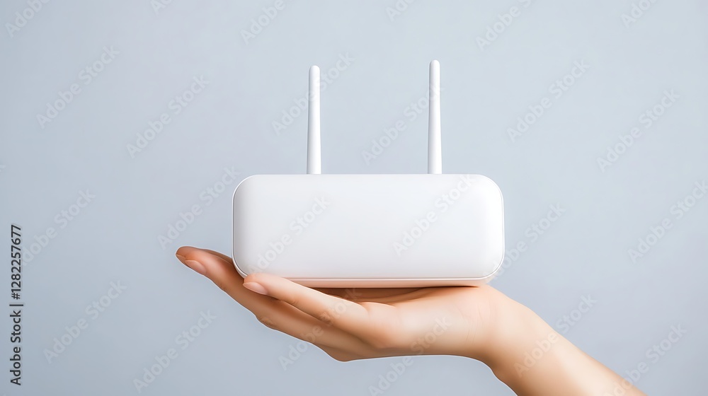 Poster white wireless router on hand device communication network technology connection connectivity