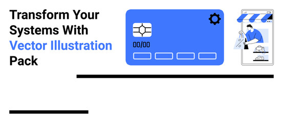 Credit card interface with settings icon and person designing online storefront. Ideal for e-commerce, finance, technology, online shopping, creative tools, digital transactions, flat landing page