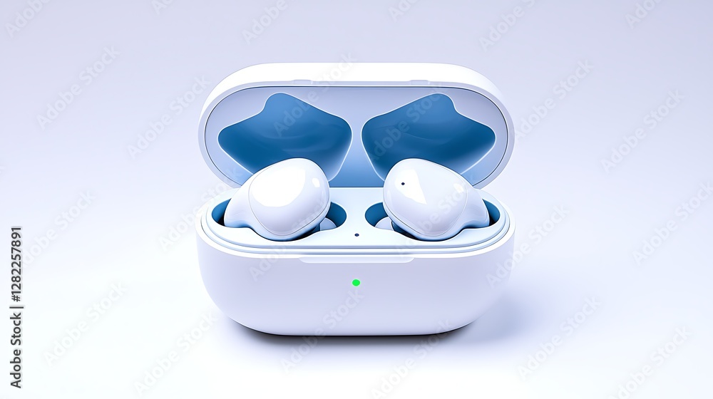 Poster wireless bluetooth earphones in open charging case pod on plain background clean minimalist tech loo