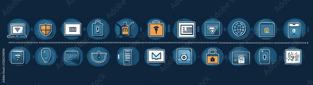 Poster cyber security icon set minimal line art pictograms for safety and protection in technology