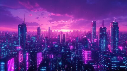 Cyberpunk Night Cityscape with Neon Lights and Futuristic Skyscrapers