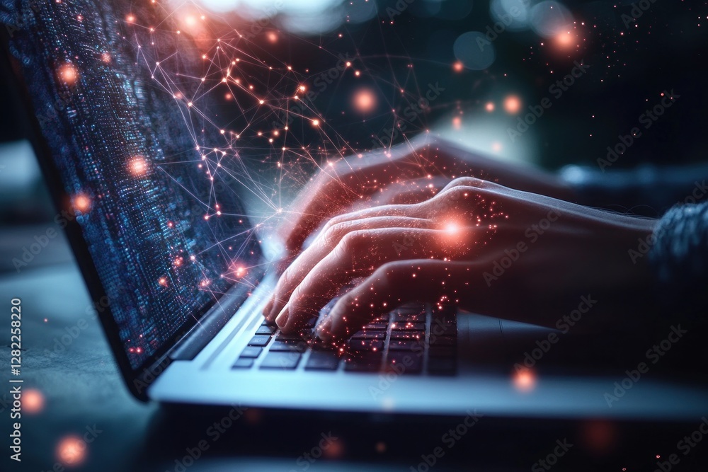 Poster Hands Typing on Laptop in Modern Office with Digital Network Patterns Illuminated by Soft Ambient Light
