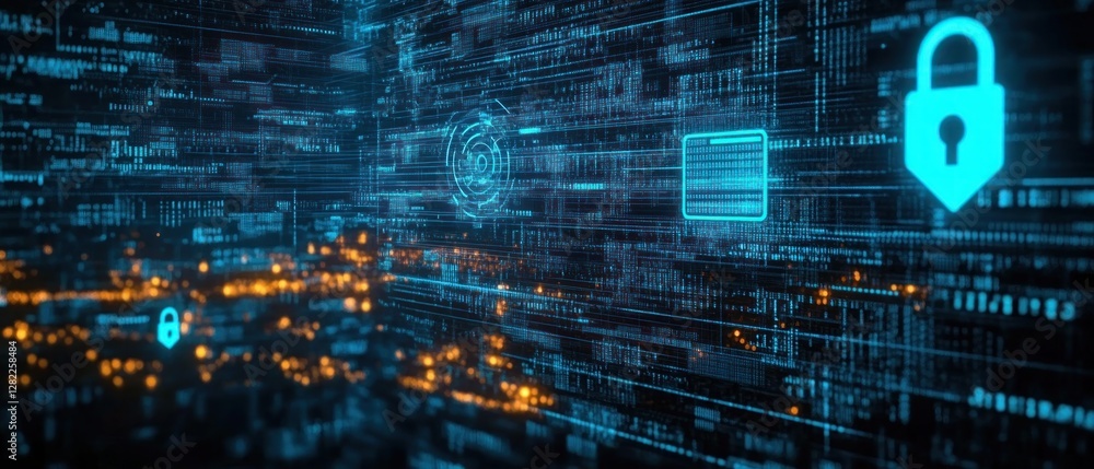 Aufkleber Cyber Security Data Breach Hackers Microchip Network Firewall Virus Warning Screen Digital Exploit Access Privacy Lock