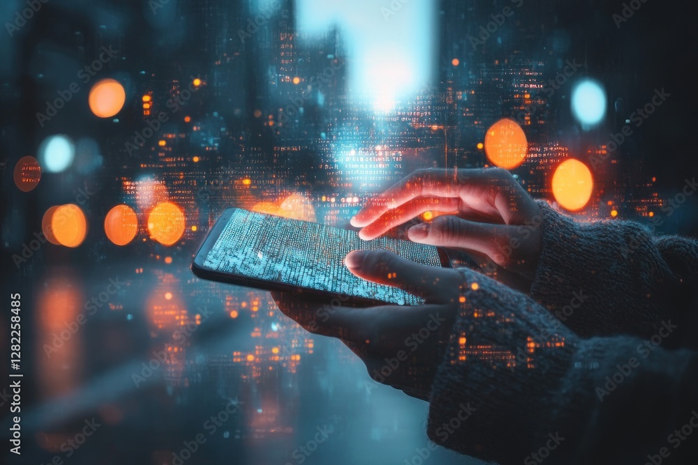 Poster smartphone interaction in urban environment with neon lights and bokeh background