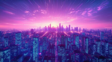 Fototapeta premium Futuristic Cyberpunk Cityscape at Dusk with Neon Lights and Skyscrapers