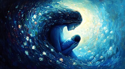 A cosmic embrace: A mother and her child in a celestial scene.