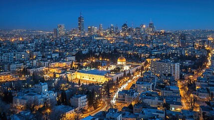 Obraz premium Jerusalem skyline at dusk, Dome of the Rock illuminated, cityscape background, tourism/travel