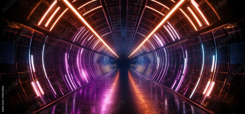 Poster Futuristic Neon Lights Cyberpunk Tunnel 3D Rendering Fluorescent Corridor Dynamic Motion Perspective Warehouse Space