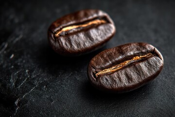 Obraz premium Close Up Dark Roasted Coffee Beans on Matte Black Surface with Natural Light