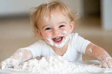 Fototapeta premium Baby covered in flour laughing while baking a cake