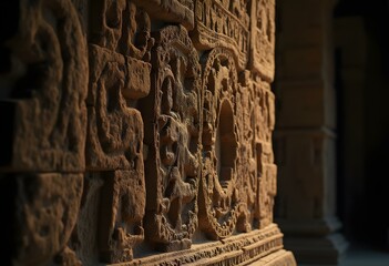 A close-up shot of a weathered stone carving on an ancient temple wall, with dramatic lighting highlighting intricate details. The image evokes a sense of lost civilizations and cultural depth.