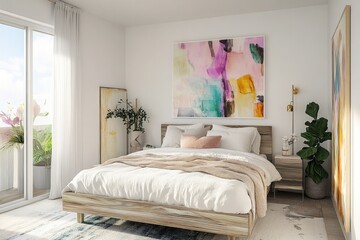 Bright bedroom with large window, wooden bed, abstract art, and plants.