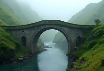 Fototapeta premium A weathered stone bridge arching over a misty river, surrounded by lush green hills, evoking a sense of forgotten history and timeless beauty.