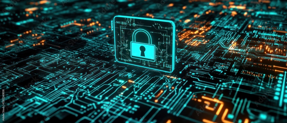 Poster cybersecurity breach concept with digital lock and circuit patterns in futuristic landscape
