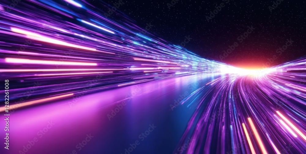 Poster Futuristic Abstract Dynamic Neon Light Trails in Deep Purple Background with Highspeed Movement and Car Motion Effects