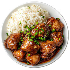 chicken adobo with rice, isolated on white background