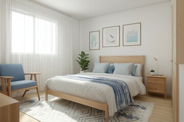 Bright bedroom with light wood furniture, blue accents, and natural light.