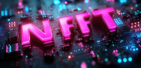 Futuristic NFT Neon Text 3D Rendering on Circuit Board Background
