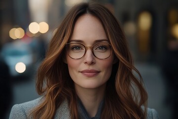 Obraz premium Confident businesswoman smiling with eyeglasses in urban setting